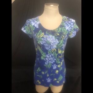 Isaac Mizrahi Blue Floral Fitted Short Sleeve Tee